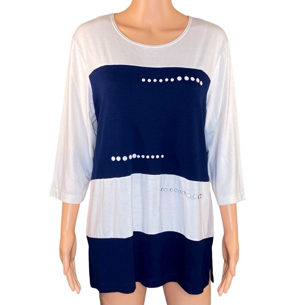 Picadilly Navy White Tunic Top Womens Size Medium 3-4 Sleeve Button Detail
